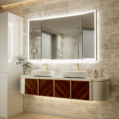 Grand miroir de salle de bain à DEL 36 po x 36 po x 36 po, anti-buée, 3 modes d'éclairage, pliable avec loupe magnétique 5x