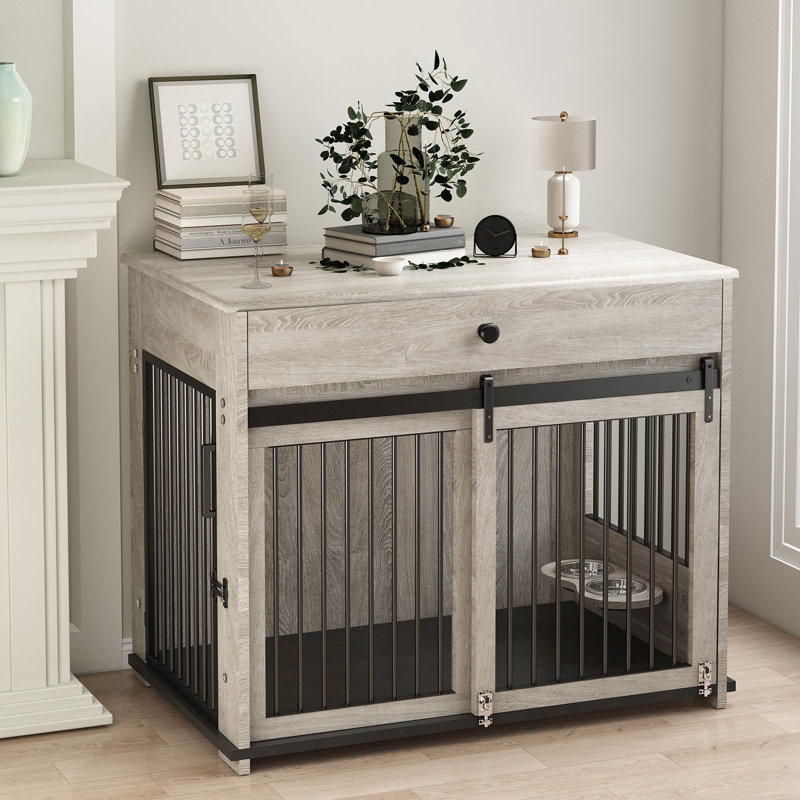 Large Dog Crate Furniture with Drawer Storage, Sliding Doors, Rotating Bowls, Grey