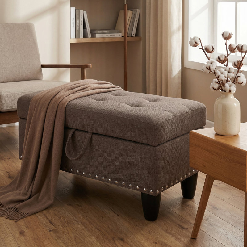 Tufted Fabric Storage Ottoman With Rivet Trim - Lift-Top Bench With Hidden Storage, Soft Padded Seat For Living Room & Bedroom, Brown