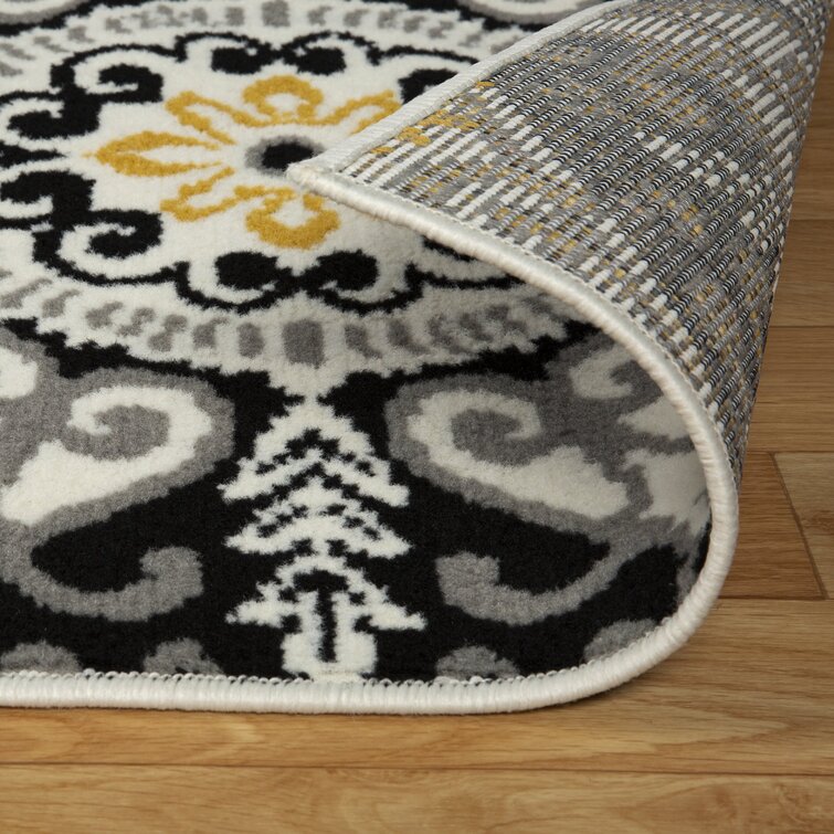 Highlawn Damask Indoor / Outdoor Area Rug in Yellow/Black/White Andover Mills Rug Size: Rectangle 7'9 x 10'6