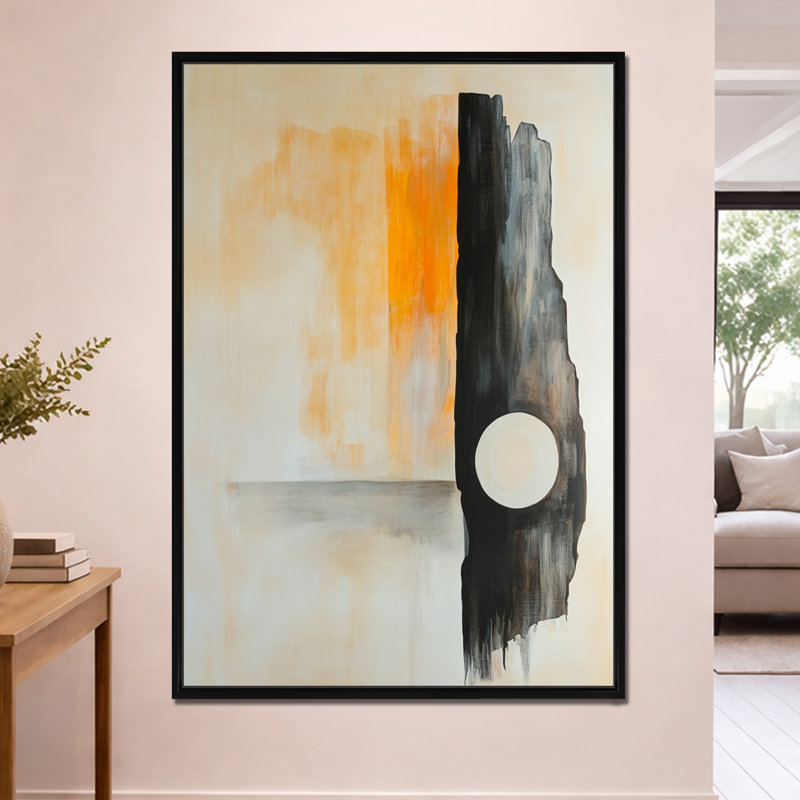 Éclipse d'ambre - Tableau abstrait encadré sur toile, H 60 po x l 40 po, Cadre flottant noir