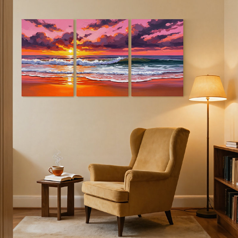 Nautique et plage coucher de soleil océan vagues ciel nuages plage couleurs ensemble de 3 impressions d'art sur toile