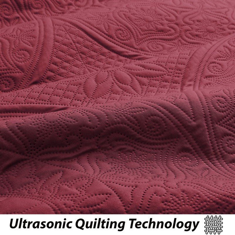 Floral Embossed Quilt Set, Burgundy, Full/Queen Bedspread + 2 Standard Shams