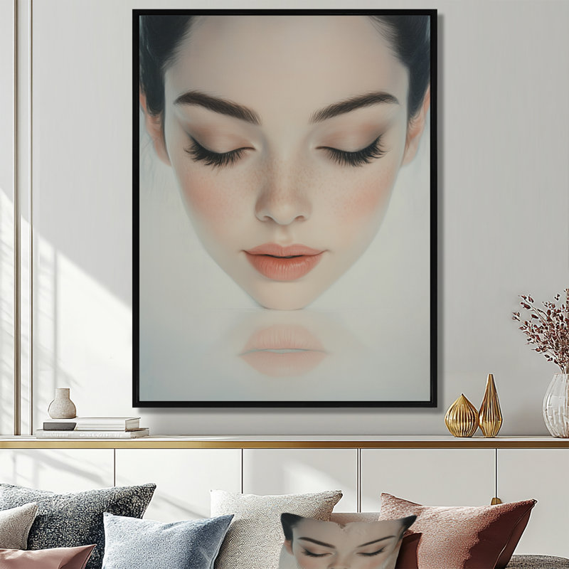 «Pastel Woman Reflection I» - art mural figuratif rose, H 32 po x l 16 po, Cadre flottant noir