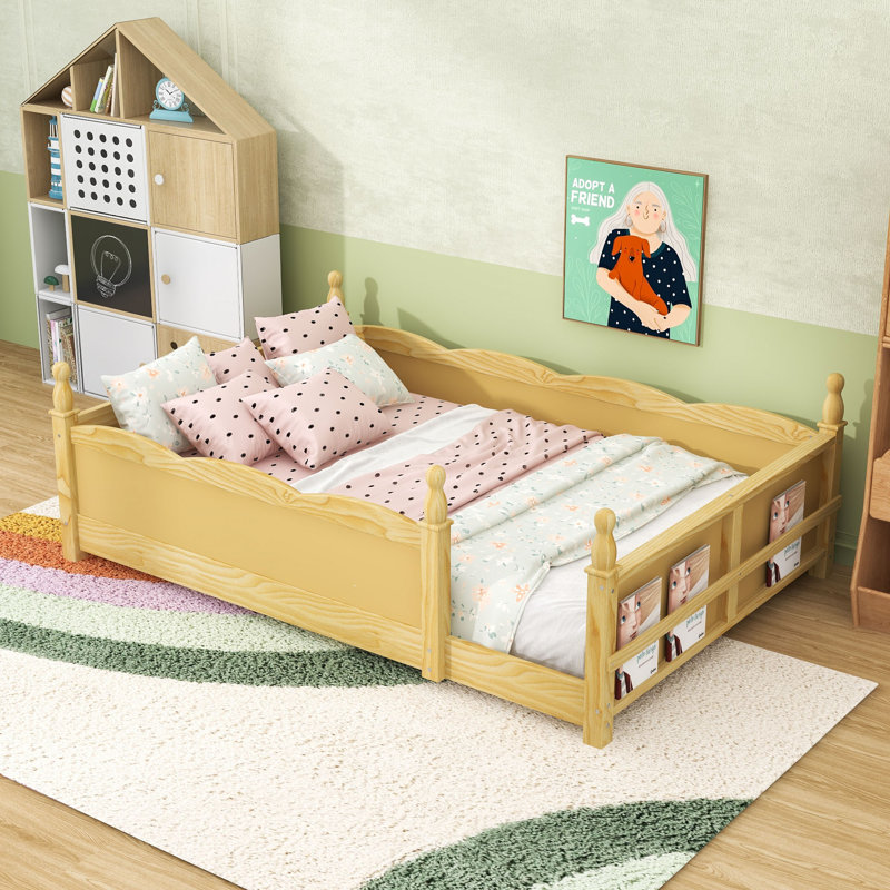 Lit en bois avec tablette pour livres et garde-corps, Lit double, Naturel