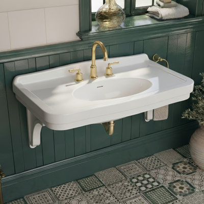 Whitehaus 41" wall mount sink with integrated oval bowl, low-rise backsplash, decorative trim & overflow