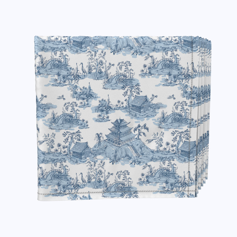 Chinoiserie Toile Blue and White 18" Square Polyester Cloth Napkin Set of 12