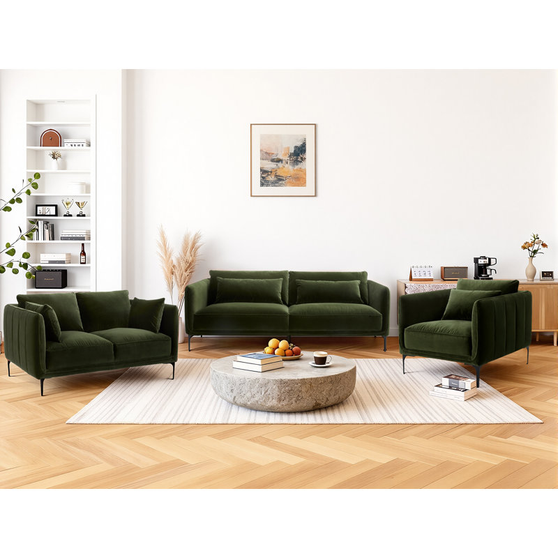 Ensemble de salon rembourré 3 pièces Rae, Velours vert militaire Falkirk