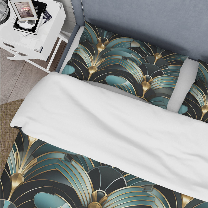 Literie à motif damas émeraude et or Art Deco, Housse de couette simple + 1 taie décorative stan