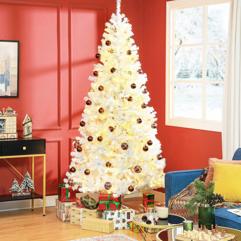 Arbre de Noël 7,5 pi avec 500 lumières blanches chaudes, 1346 pointes, blanc, construction stable et base en métal