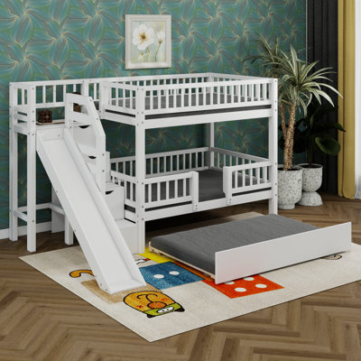 Lit superposé en bois avec toboggan, lit gigogne et escalier de rangement, lit superposé peu encombrant pour garçons et filles