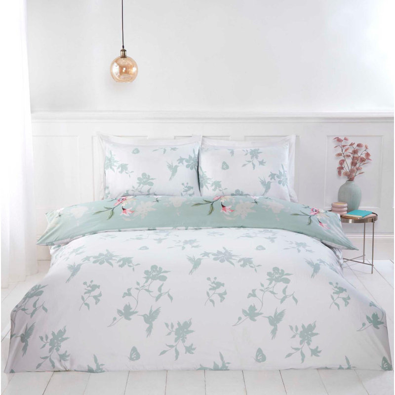 Polyester Bedding with Pillowcases Included, Green Floral, Double Duvet Cover Set + 3 Additional Pieces
