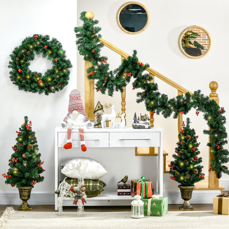 Ensemble de 4 ornements de Noël avec blanc chaud: baies rouges, pin et 2 arbres Veranda