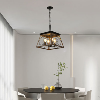 16" Walnut Industrial 4-Light Pendant Chandelier, Modern Metal Cage Design, Adjustable Hanging Light For Dining Room, Kitchen, Living Room (No Bulbs)