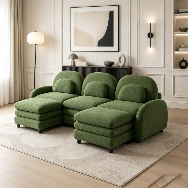 Canapé en tissu Teddy Cloud, dossier incurvé et accoudoirs avec coussins lombaires, Green+3Seat+2Ottoman