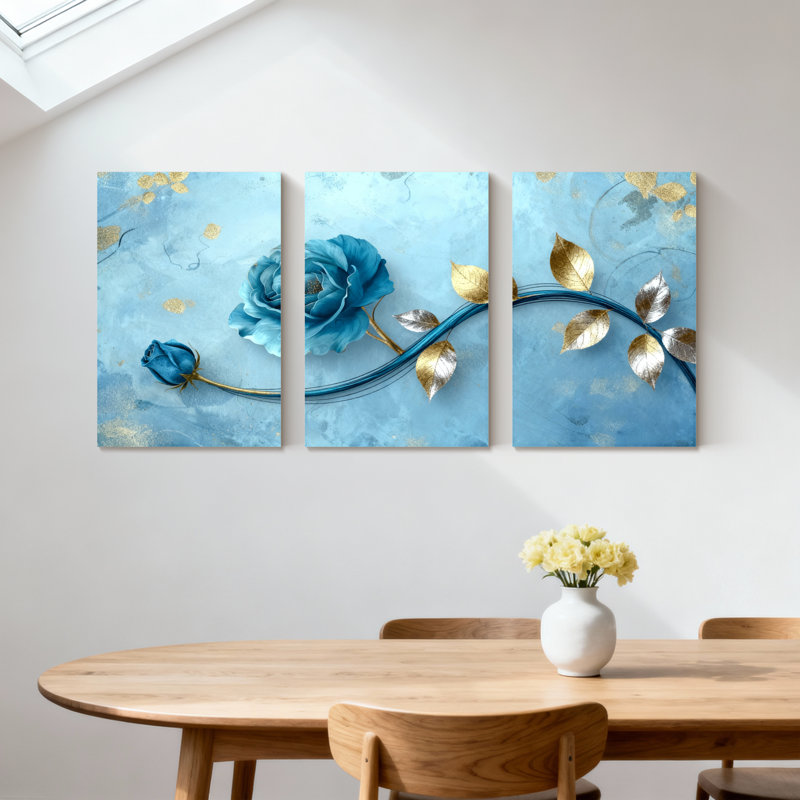 Pivoine, rose bleue et feuilles d'or sur fond bleu, ensemble de 3 impressions sur toile, H 30 po x l 60 po