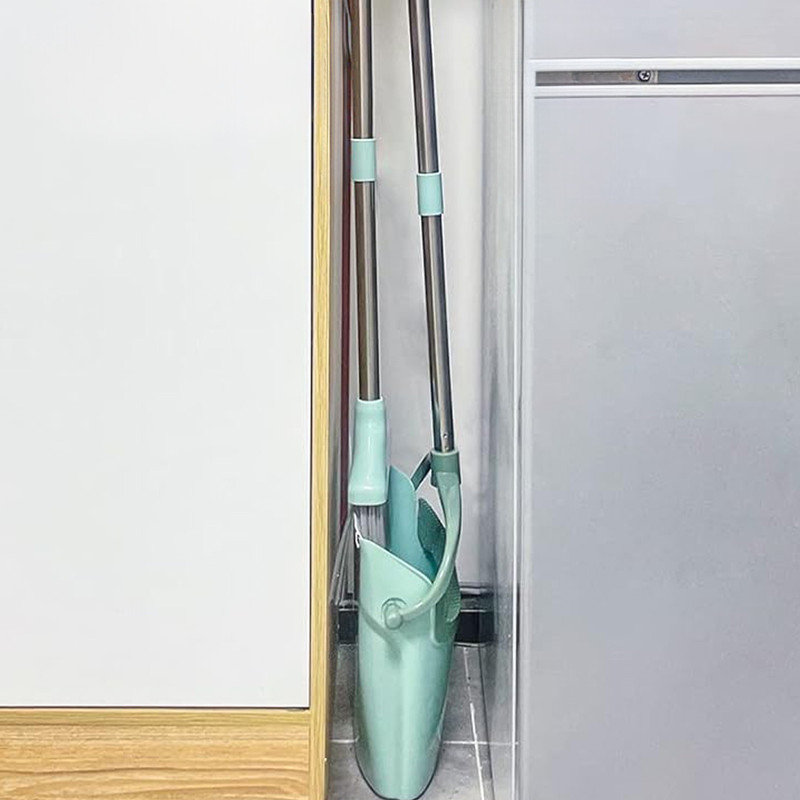 Bluish Green Stainless Steel Broom and Dustpan Set with Adjustable Handle