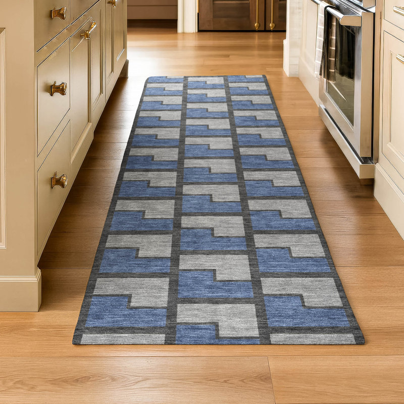 Premium Machine Washable Mayfield AMF2416 Geometric Rug, 2'3" x 7'6" Runner, Navy
