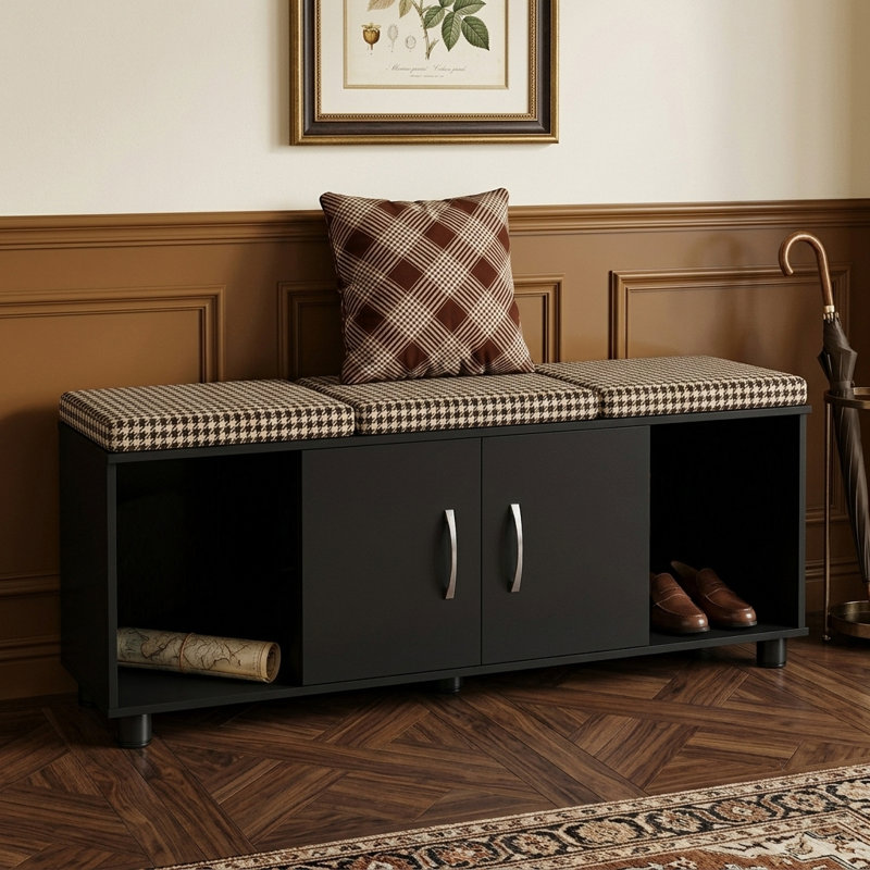2-Door Storage Bench with Open Cubbies, Black