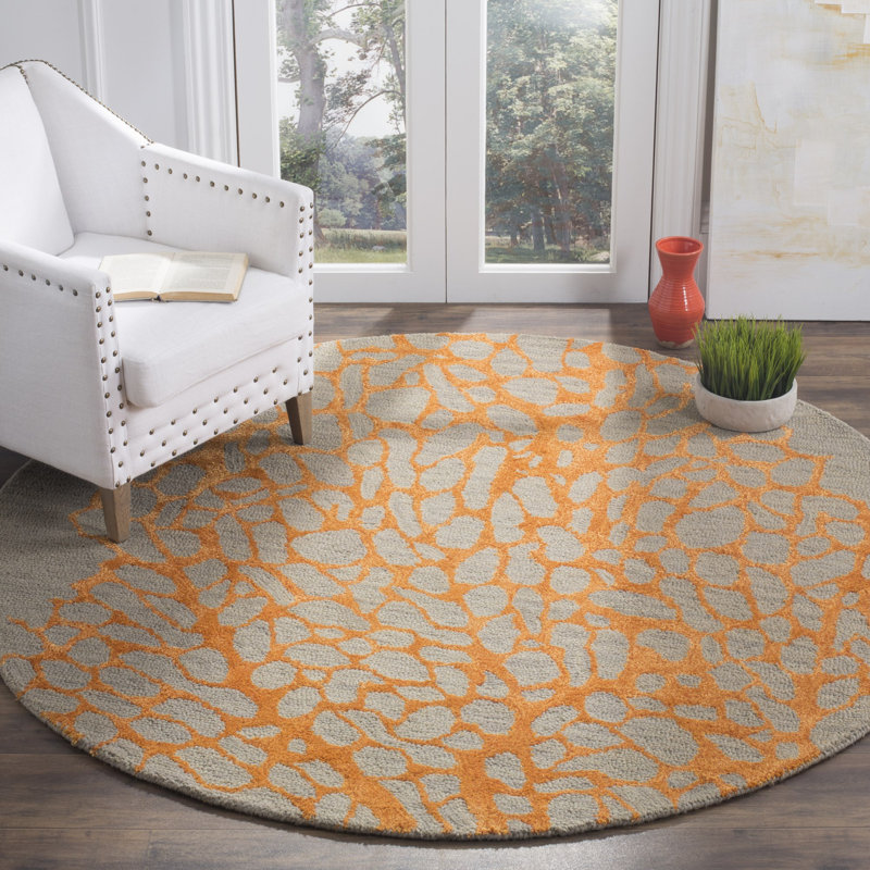 Tapis gris / orange en laine crocheté à la main Rigsby, Rond 4 pi