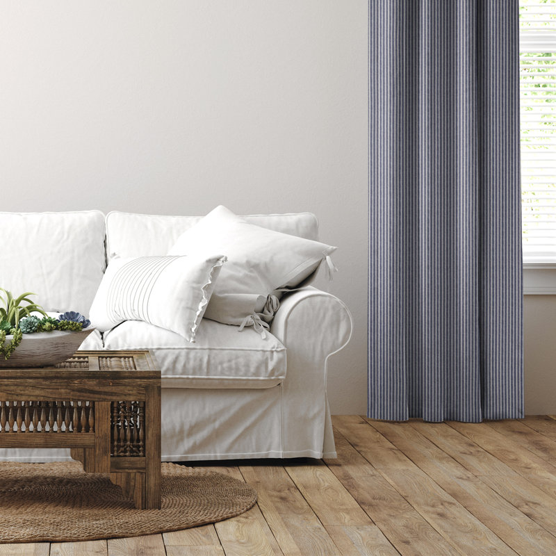Walker Ticking Stripe Indigo/Ivory Cotton Grommet Top Drapery Panel Set of 2, 50" W  x 132" L, Indigo/Ivory
