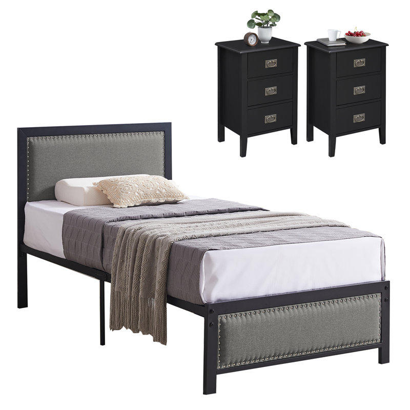 Ensemble de chambre avec lit plateforme 3 pièces, Noir, Simple