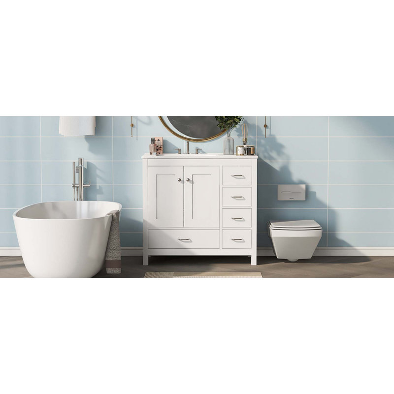 Meuble-lavabo de salle de bain avec lavabo en céramique, 2 portes à fermeture douce et 5 tiroirs