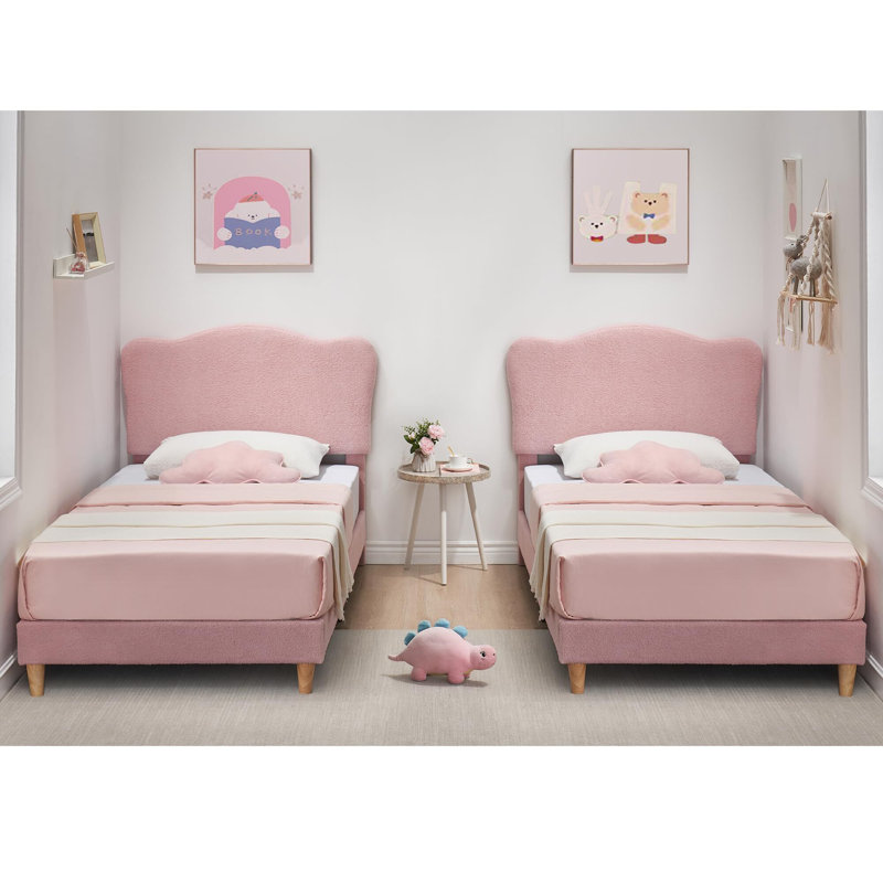 Cadre de lit rembourré pour enfants avec tête de lit festonnée, Simple, Rose