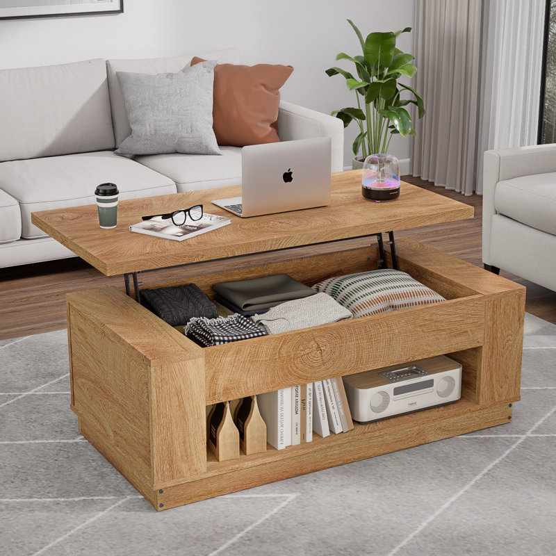 Table basse à plateau relevable de 43 po avec rangement caché, table basse carrée Farmhouse avec tablette ouverte, table centrale en bois à 2 niveaux pour le salon, le bureau, finition naturelle