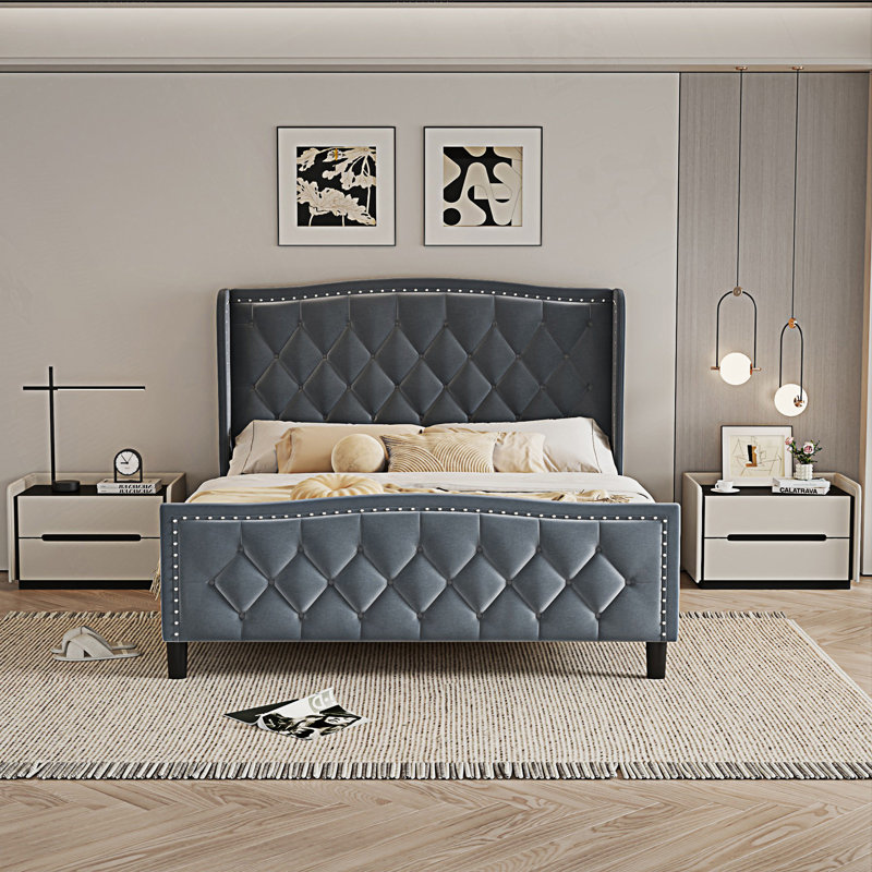 Structure de lit moderne grand lit, lit plateforme tapissier avec tête de lit à oreilles