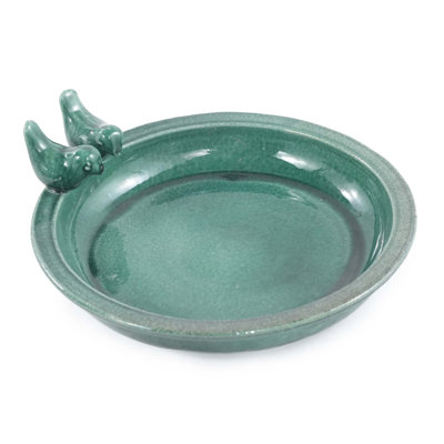 Bain d'oiseaux en céramique fait à la main, bol de bain pour oiseaux extérieur vert forêt de 11,8 pouces avec ornements d'oiseaux rétro, bain d'oiseaux de jardin pour la cour, patio, décor de cour, fonctionne également comme abreuvoir d'oiseaux sauvages