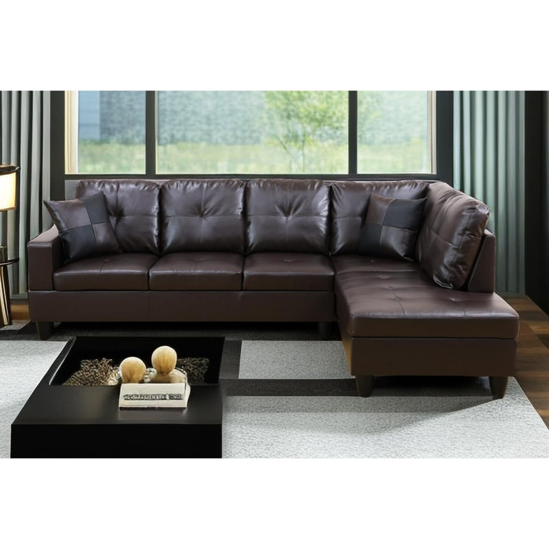 Bawan Faux Leather L-Shaped Sectional, Brown Faux Leather, Right Hand Facing