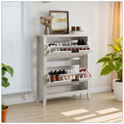 Armoire à chaussures rétro blanche 31,5 pouces, armoire à chaussures autoportante rétro Mid-Century, armoire à chaussures avec 2 tiroirs rabattables, convient au couloir et au vestibule, coin escalier