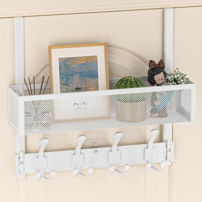Rangement à suspendre au-dessus de la porte avec 12 crochets robustes et panier de rangement, aucune installation de perceuse pour la chambre à coucher, la cuisine, la salle de bain et le vestibule