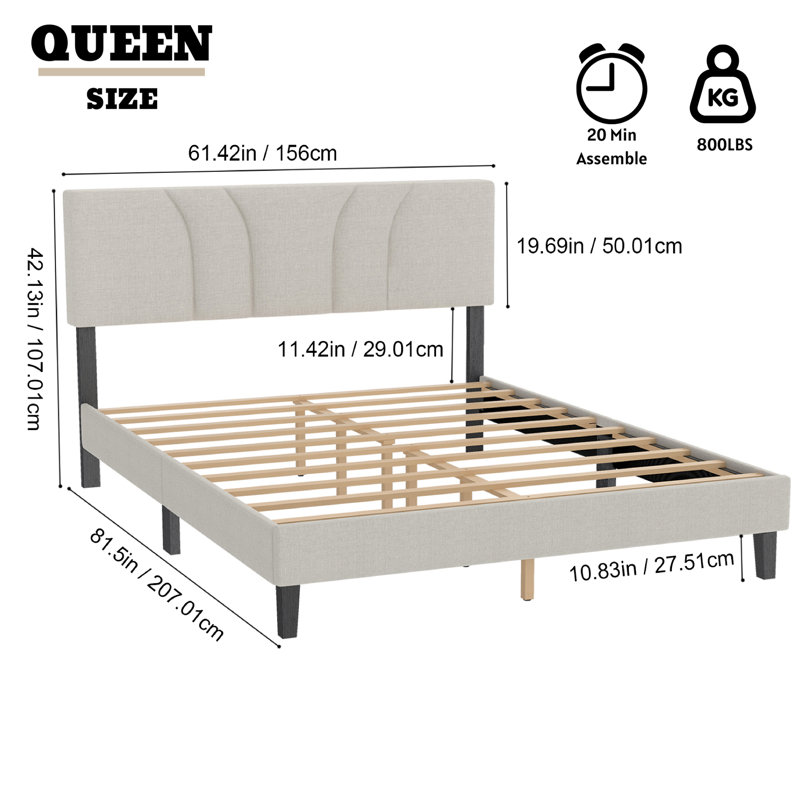Platform Bed Frame with Wood Slats Headboard Included, Queen Size, No Box Spring Needed, White, Queen