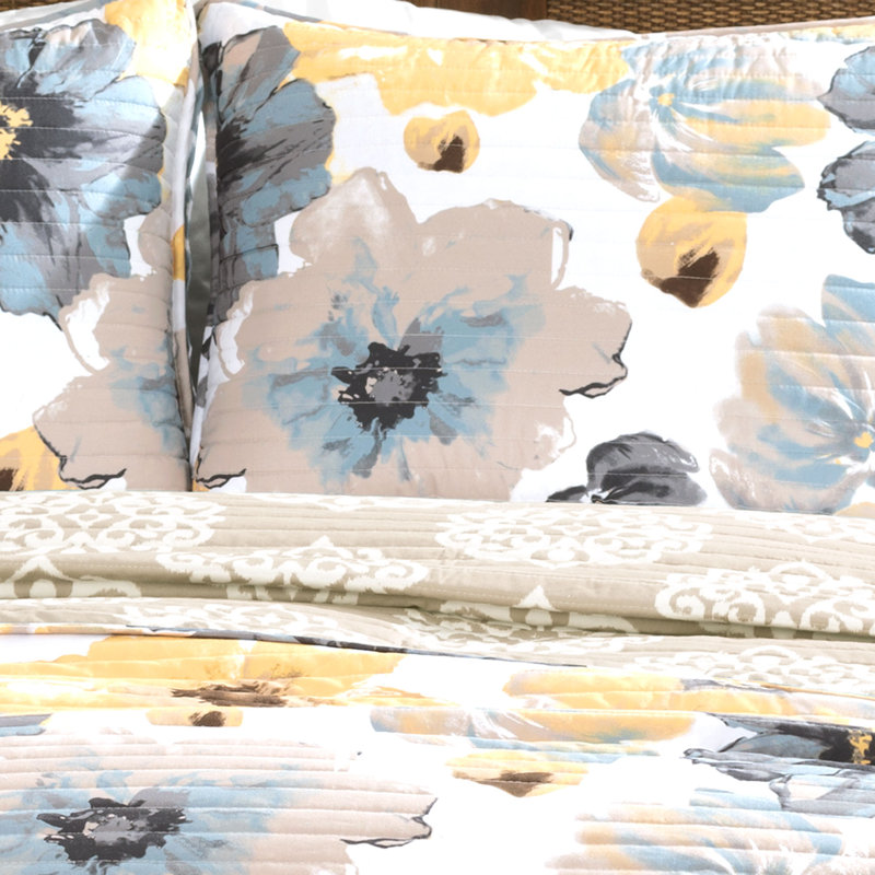 Leah Yellow and Gray Reversible Floral Full Quilt Set