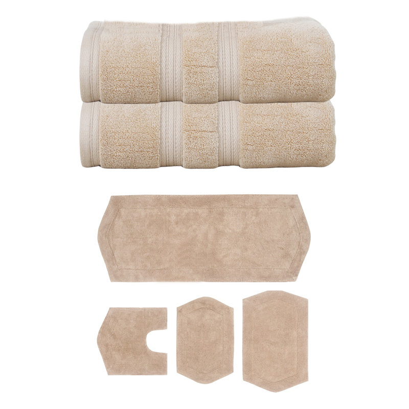 Bryd Collection 100% Soft Cotton 2 Pc Bath Towel Set & 4 Pc Bath Rug Set, (Set of 6), Linen