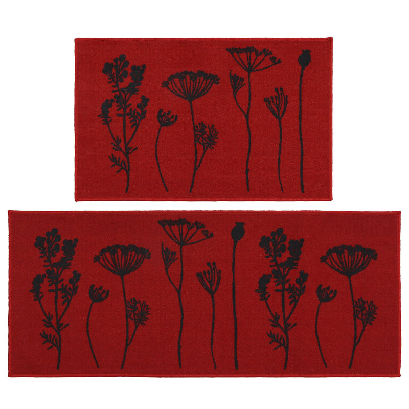 Wildflowers Non Skid Kitchen Mats Runner & Comfort Mat (2 Pieces), Red/Black