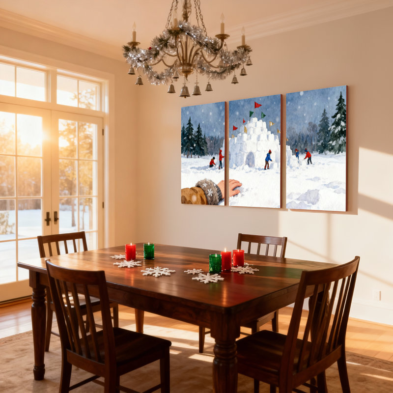 Christmas Winter Scene With Children And Snow Igloo Set of 3 Canvas Wall Art Prints, 18" H x 36" W