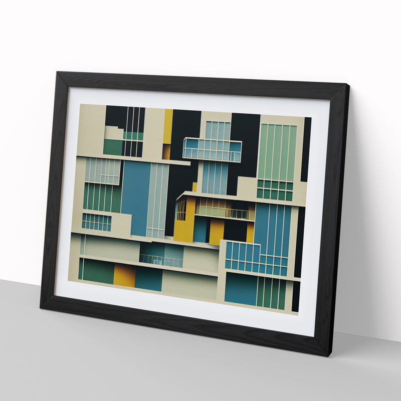XH1022-6054X Modern Bauhaus Architecture Abstract - Single Picture Frame Print, Black, 46cm H x 64cm W