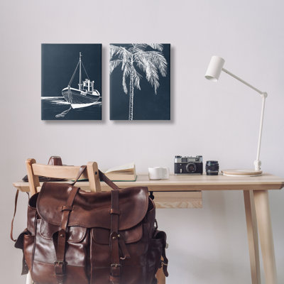 «Blue Boat & Palm», ensemble de 2 toiles murales par Leah Noel Art