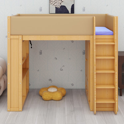 Lit mezzanine avec armoire, tiroirs et éclairage d'ambiance pour chambres peu encombrantes