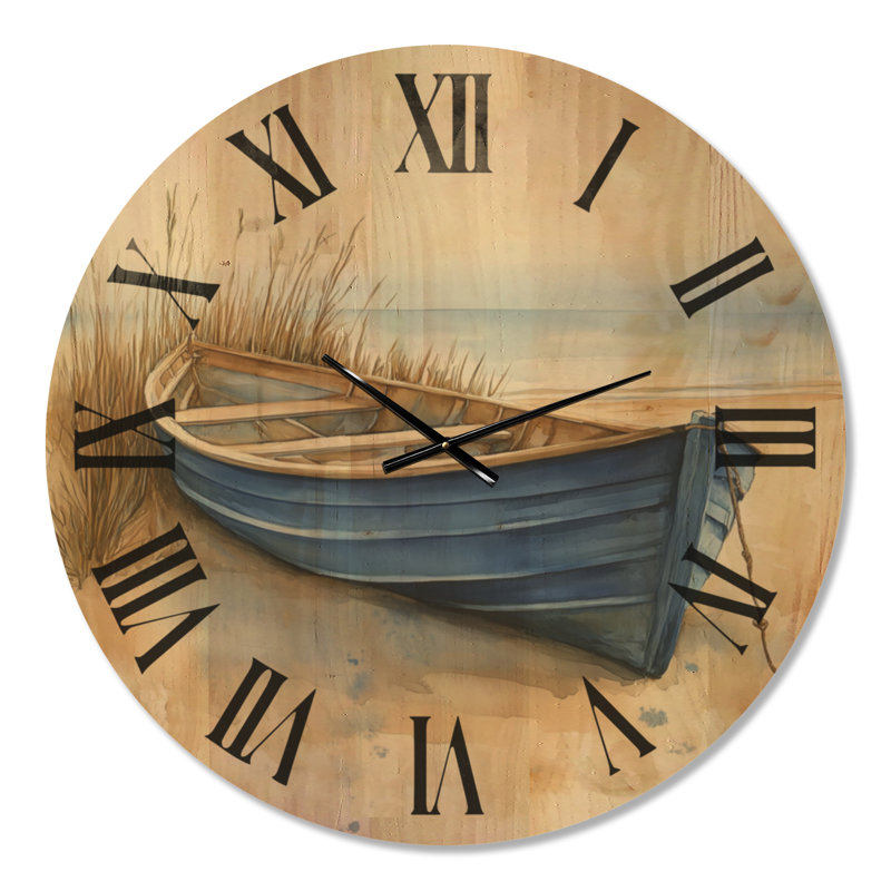 Horloge murale ronde Quiet Blue Rowboat - Bord de mer, imprimée sur bois massif, Extra Large