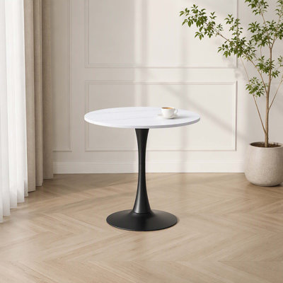 31.5 Inch White Round Tulip Dining Table, Mid‑Century Modern Bistro Table, Thick Tabletop & Metal Pedestal Base, Compact Dinner Furniture for Kitchen, Living‑Room and Café