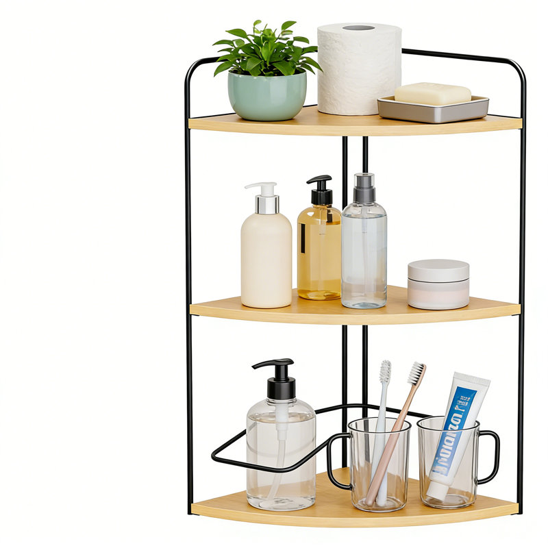 Corner Bathroom Counter Organizer, Countertop Shelf With Wooden Top For Sink Storage