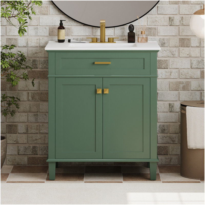 Meuble-lavabo de 30 pouces avec lavabo en céramique, porte à fermeture en douceur et tablettes réglables, Vert