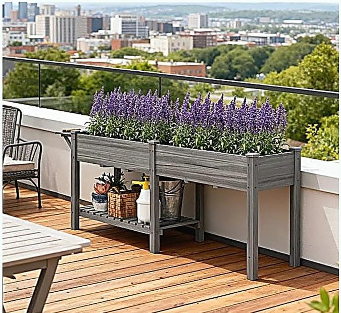 Lit de jardin surélevé spacieux, boîte de jardin surélevée en bois, avec table d'appoint, tablette inférieure, doublures de lit et trous de drainage