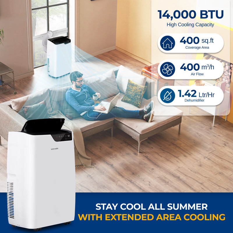 Climatiseur portatif à conduit unique - Capacité de refroidissement de 14 000 BTU (ASHRAE) Unité de climatisation compacte pour la maison avec déshumidificateur intégré et modes de ventilation, avec ensemble de fixation pour fenêtre (blanc)