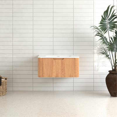 Meuble-lavabo flottant de 30 po avec finition noyer naturel, bords arrondis lisses, lavabo en céramique blanche, pré-assemblé, tiroir intelligent, mécanisme de fermeture en douceur