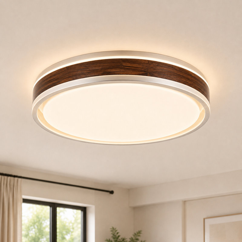 Plafonnier encastré moderne à DEL 15,4 po avec finition grain de bois de noyer, conception ronde à profil bas, température de couleur réglable de 5 CCT, plafonnier à DEL intégré à intensité variable